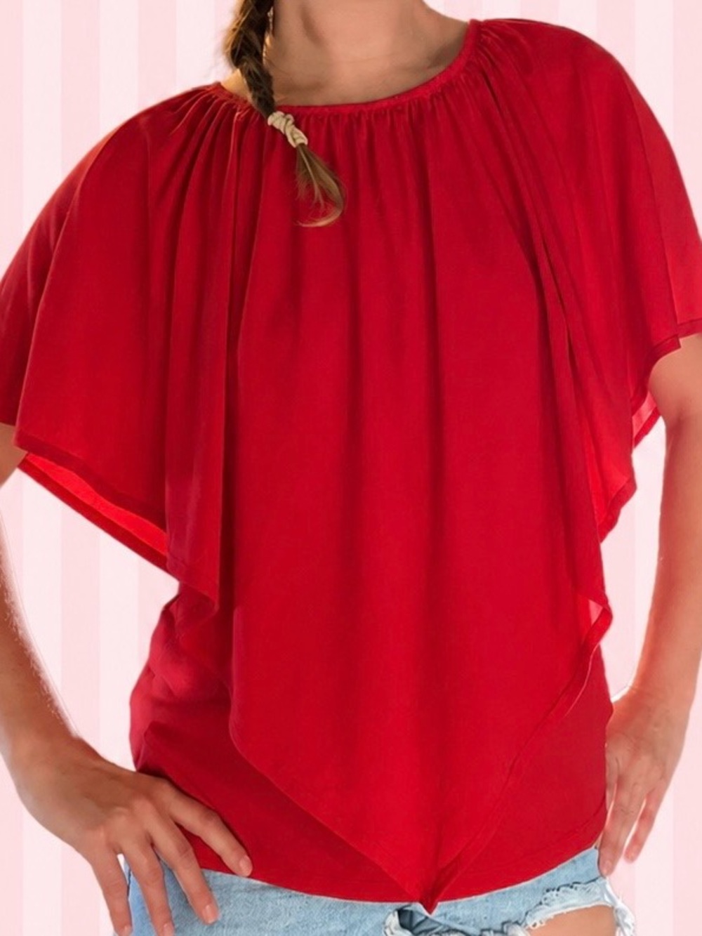 Susan Graver Red Off Shoulder Draped Batwing Top Y2K Going Out Blouse